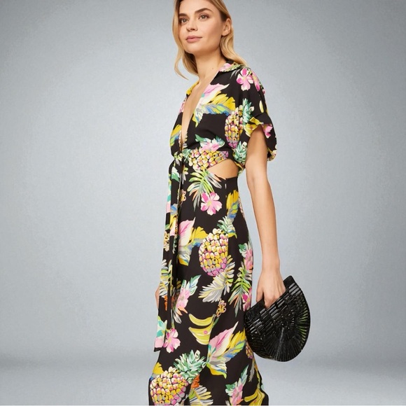 Tropical Pineapple Wrap Maxi Dress Resort Vacation Dress Black Print Size S NWT - Picture 5 of 7